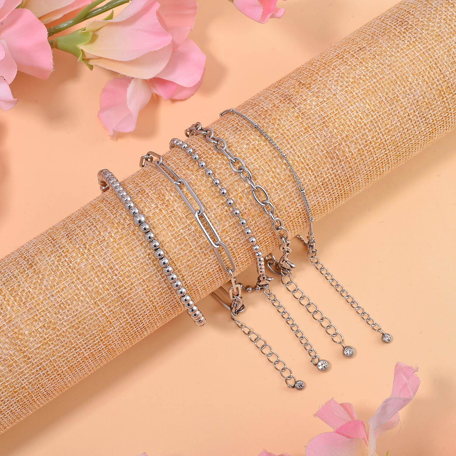 EverTrue Set of 5 White Crystal Rolo, Oval, Beaded, Paper Clip Chain Bracelet in Stainless Steel (Adjustable) (7.50-9.00In)