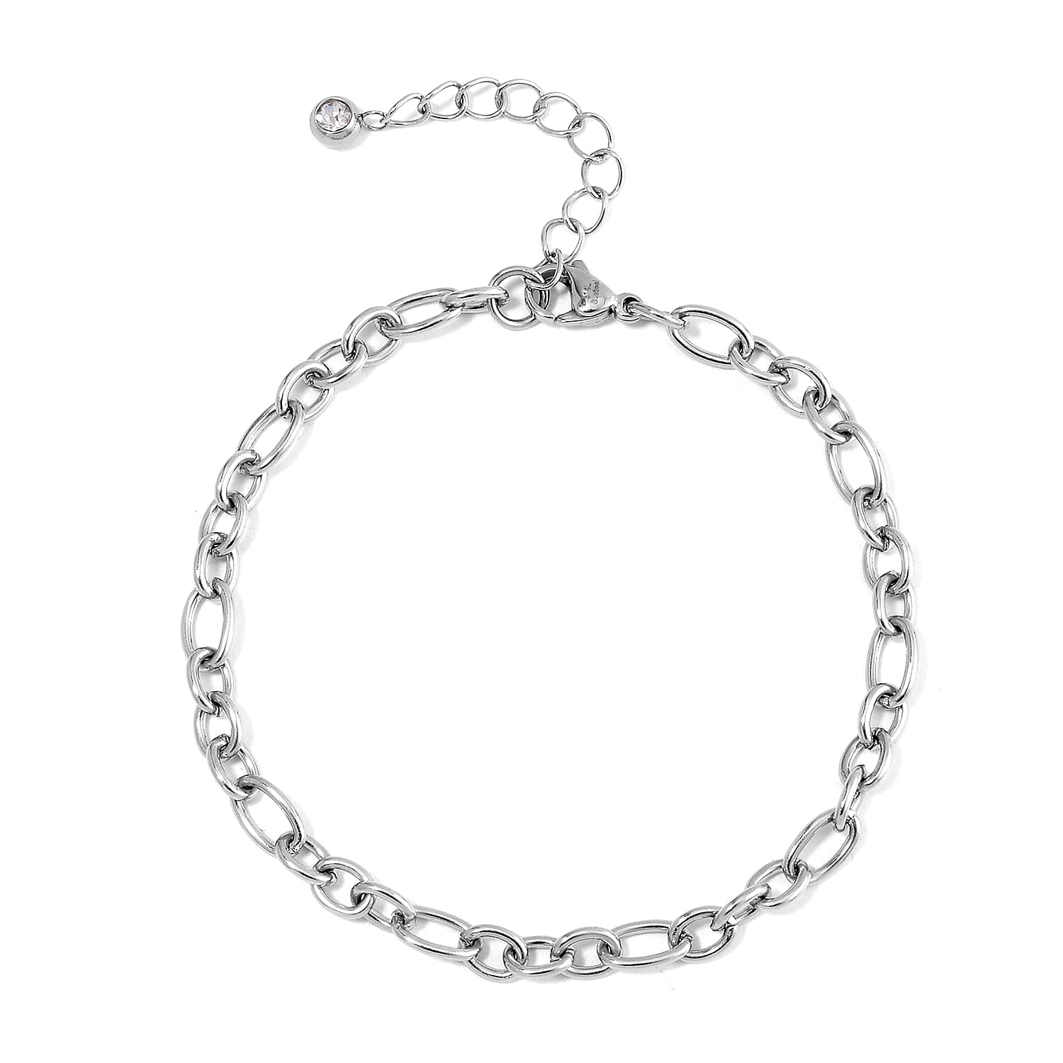EverTrue Set of 5 White Crystal Rolo, Oval, Beaded, Paper Clip Chain Bracelet in Stainless Steel (Adjustable) (7.50-9.00In)