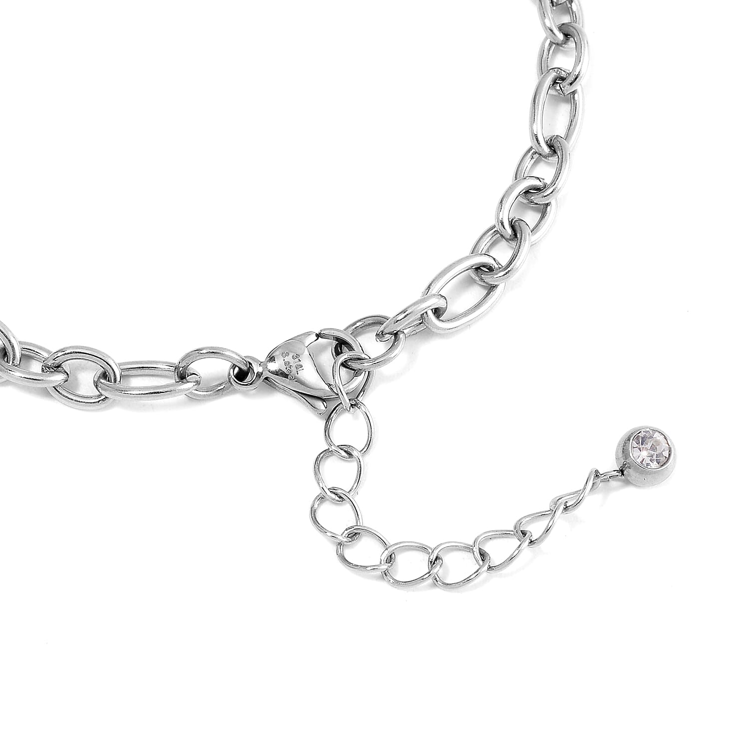 EverTrue Set of 5 White Crystal Rolo, Oval, Beaded, Paper Clip Chain Bracelet in Stainless Steel (Adjustable) (7.50-9.00In)