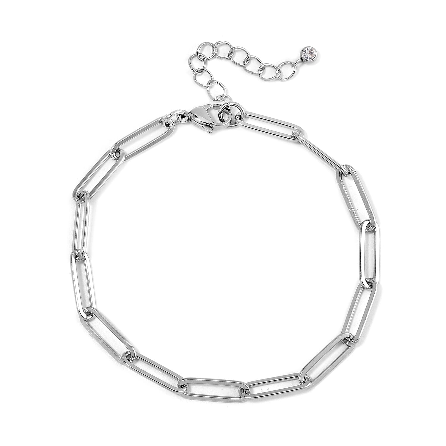 EverTrue Set of 5 White Crystal Rolo, Oval, Beaded, Paper Clip Chain Bracelet in Stainless Steel (Adjustable) (7.50-9.00In)