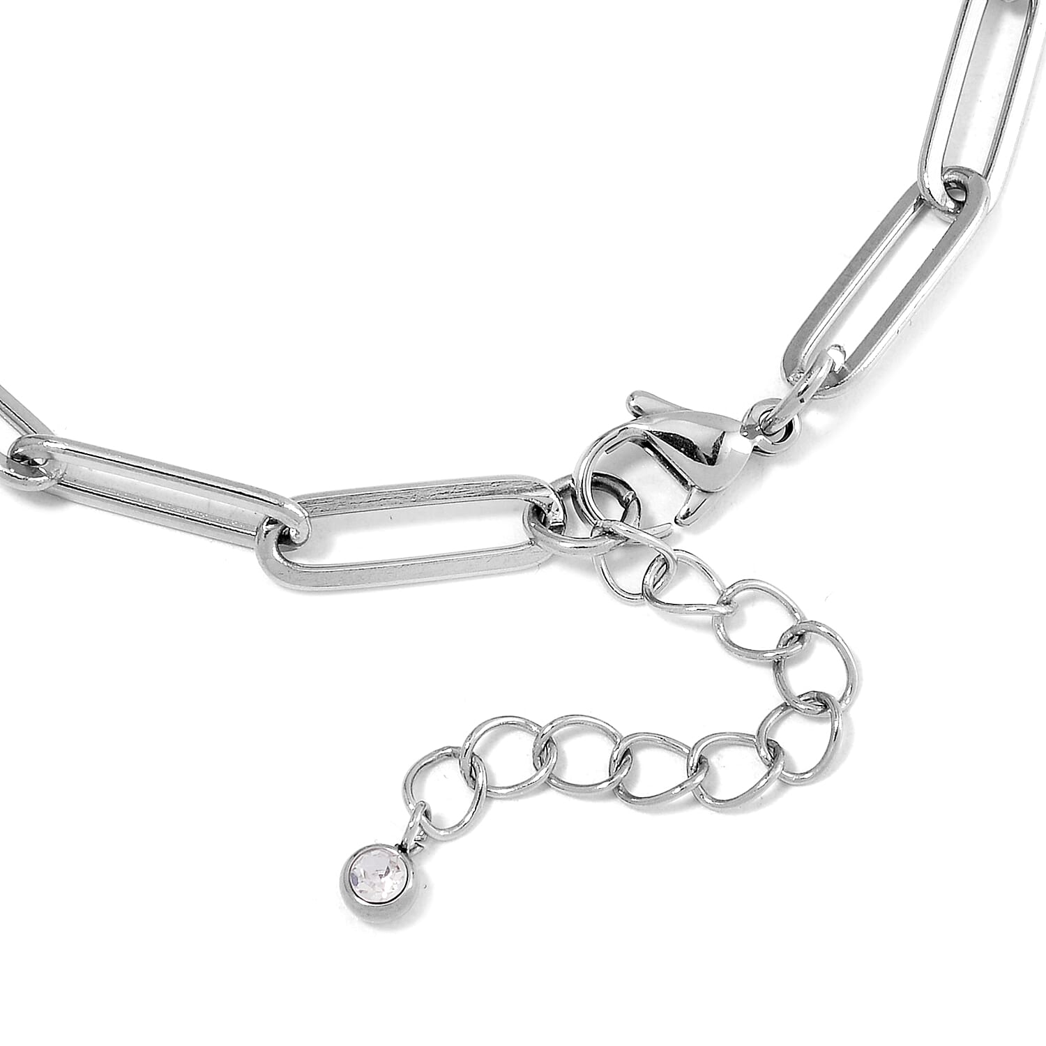 EverTrue Set of 5 White Crystal Rolo, Oval, Beaded, Paper Clip Chain Bracelet in Stainless Steel (Adjustable) (7.50-9.00In)