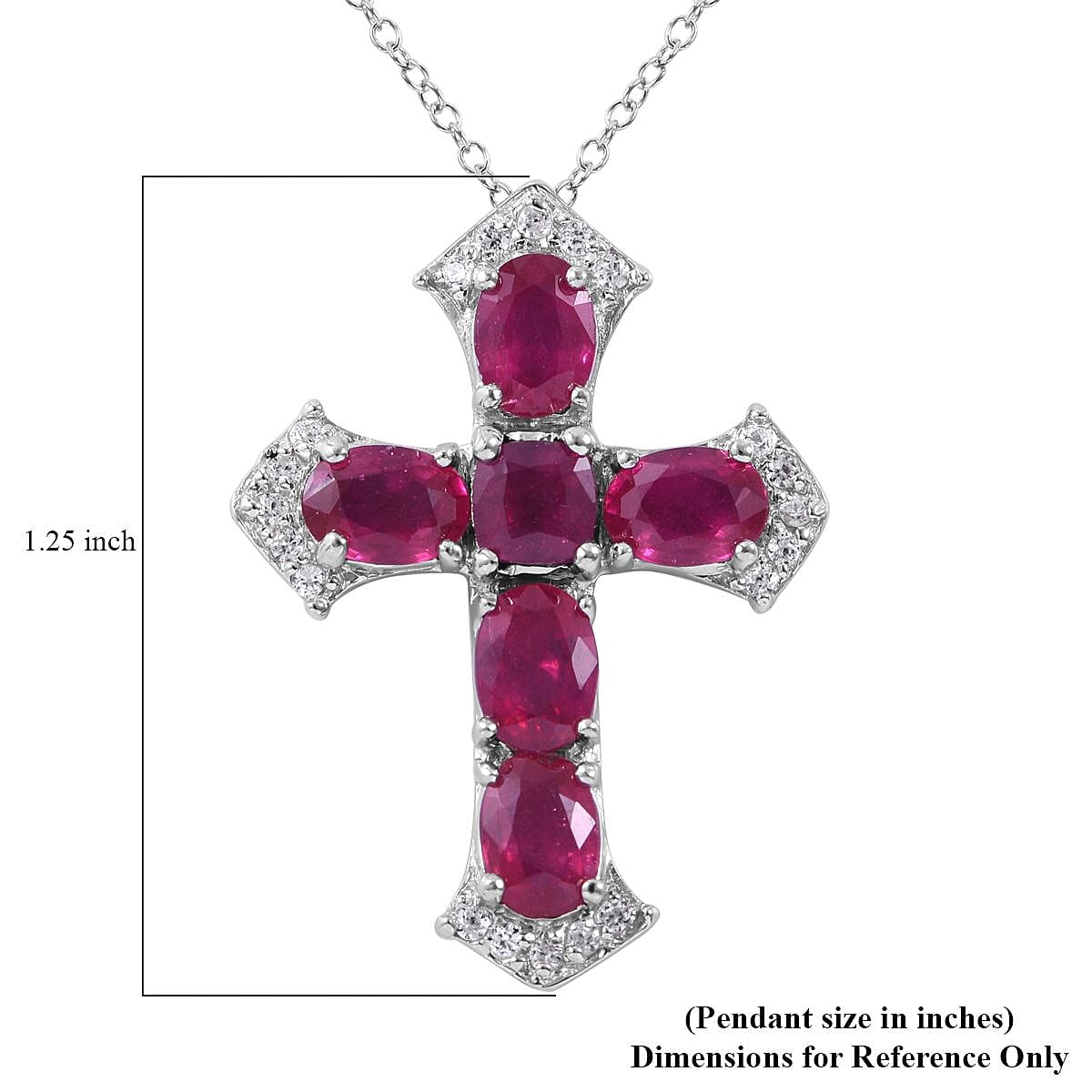 Niassa Ruby (FF) and White Zircon Cross Pendant Necklace 18 Inches in Platinum Over Sterling Silver 6.85 ctw