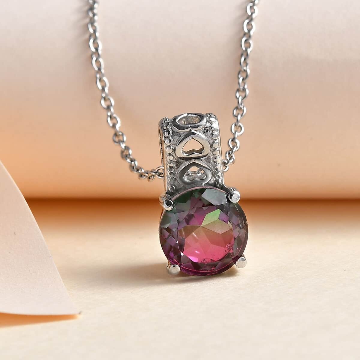 Watermelon Quartz Solitaire Pendant Necklace 20 Inches in Stainless Steel 3.90 ctw image number 1