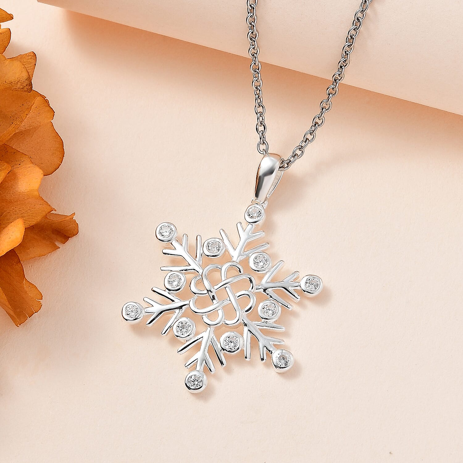 Simulated Diamond Snowflake Pendant in Sterling Silver with Stainless Steel Necklace 20 Inches 0.75 ctw