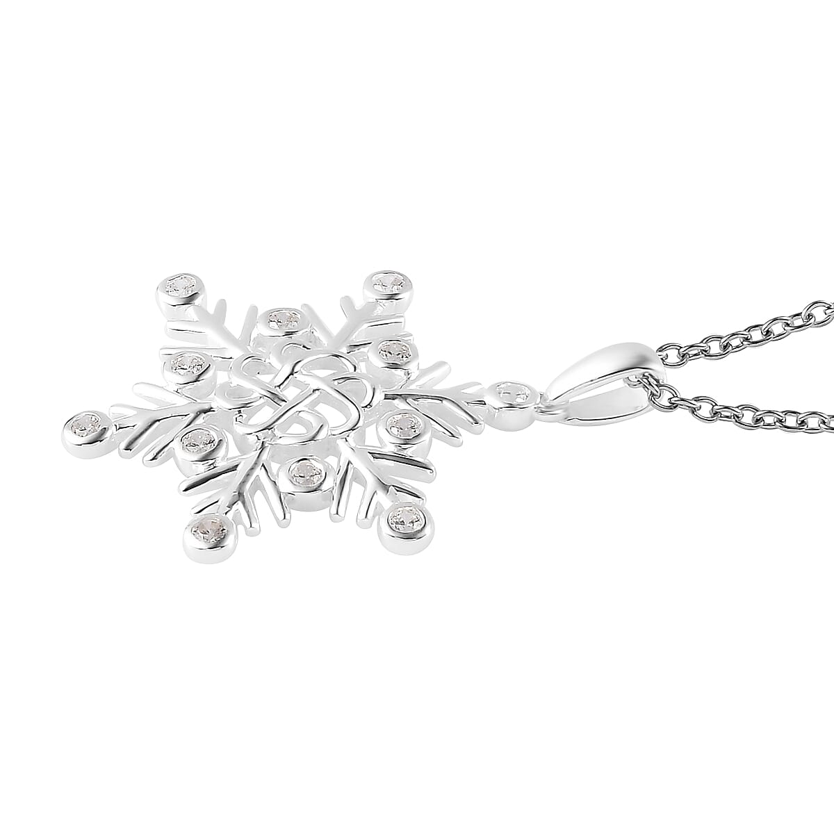 Simulated Diamond Snowflake Pendant in Sterling Silver with Stainless Steel Necklace 20 Inches 0.75 ctw