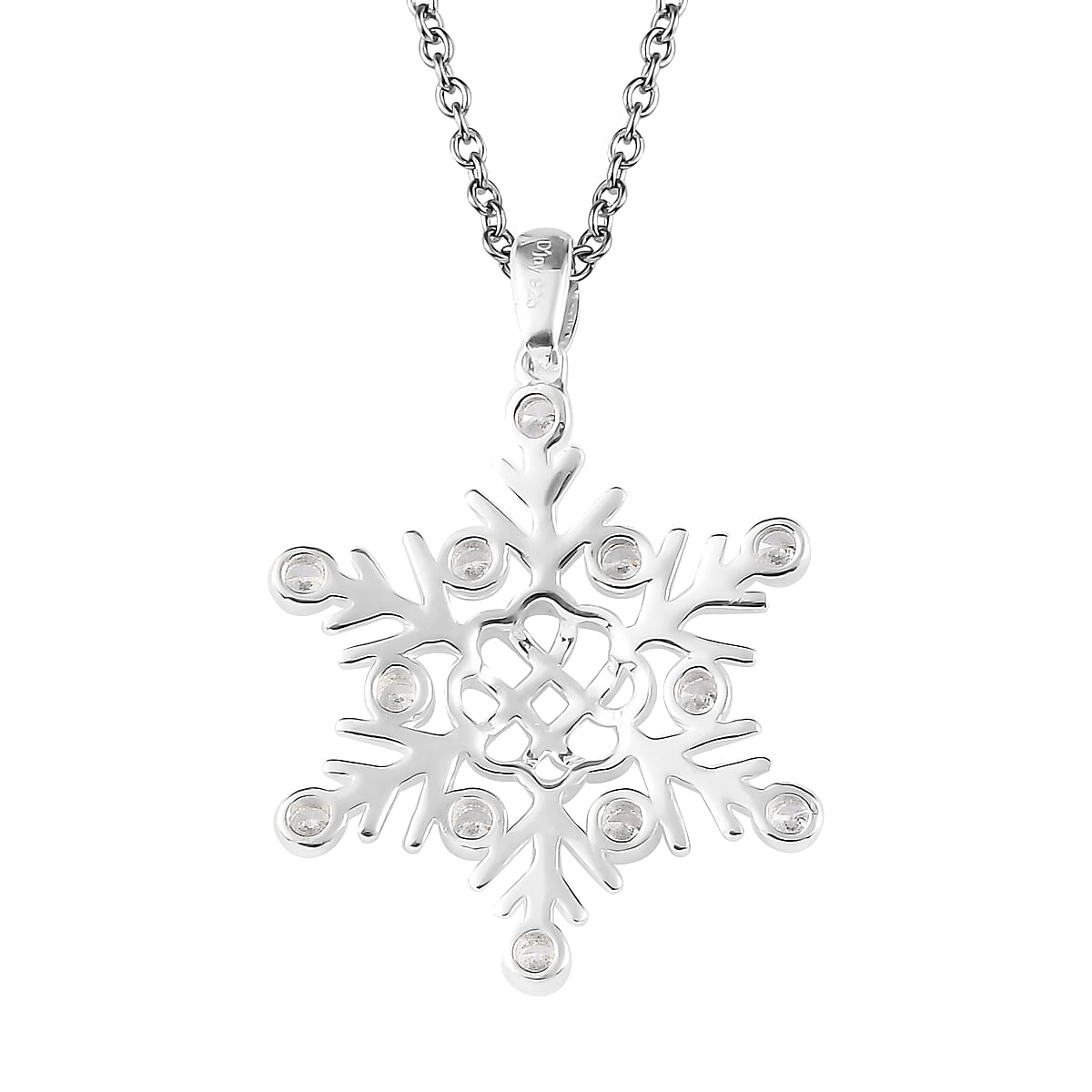 Simulated Diamond Snowflake Pendant in Sterling Silver with Stainless Steel Necklace 20 Inches 0.75 ctw