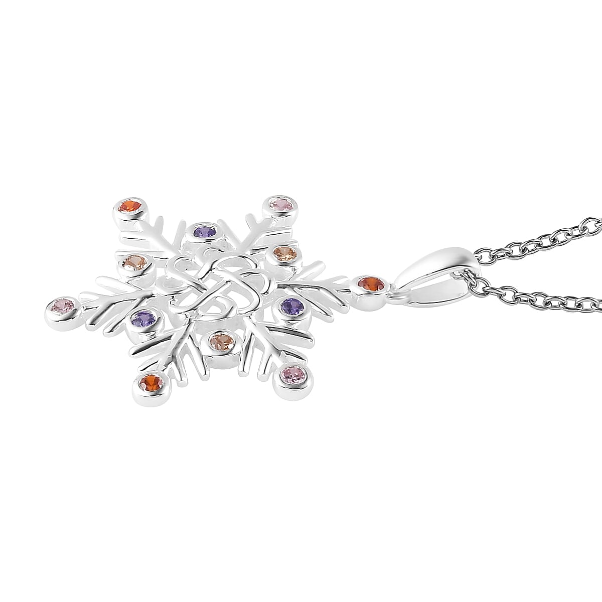 Simulated Multi Diamond Snowflake Pendant in Sterling Silver with Stainless Steel Necklace 20 Inches 0.75 ctw image number 3