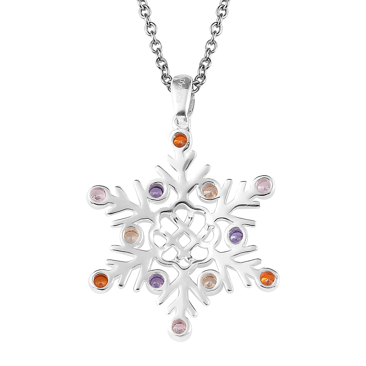 Simulated Multi Diamond Snowflake Pendant in Sterling Silver with Stainless Steel Necklace 20 Inches 0.75 ctw image number 4