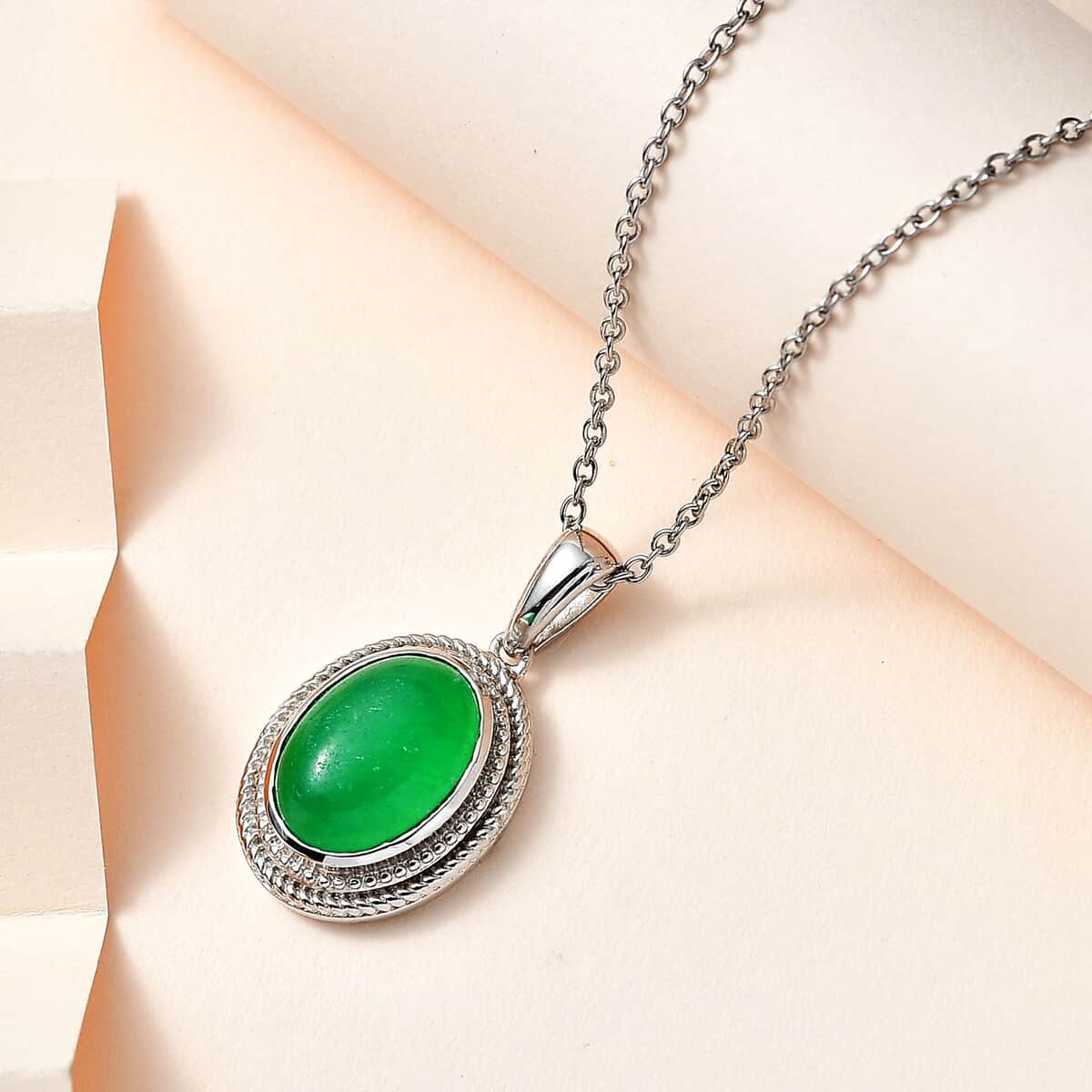 Karis Green Jade (D) Pendant in Platinum Bond with Stainless Steel Necklace (20 Inches) 6.25 ctw image number 1