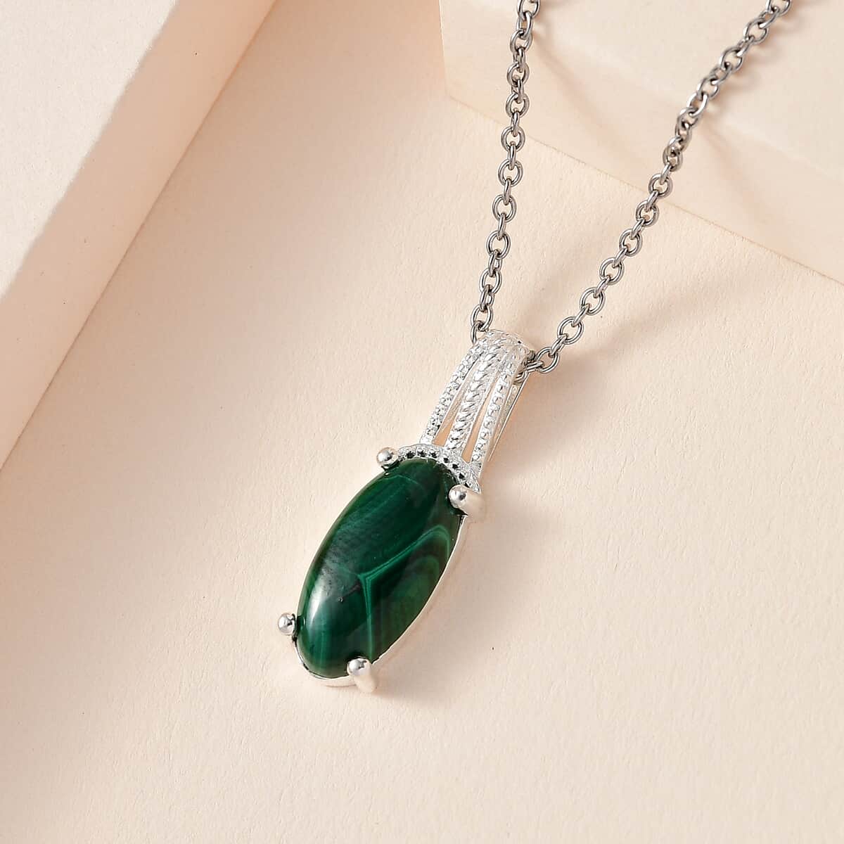 African Malachite Pendant in Sterling Silver with Stainless Steel Necklace (20 Inches) 6.25 ctw image number 1