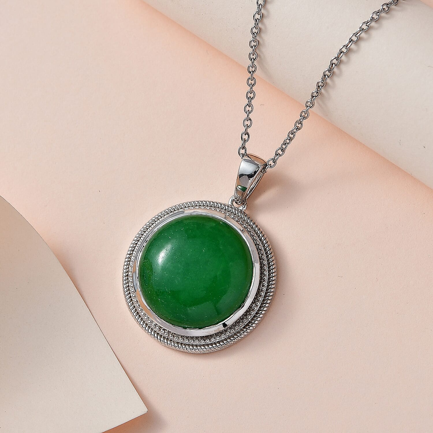 Green Jade (D) Pendant in Platinum Over Copper with Stainless Steel Necklace 20 Inches 23.10 ctw