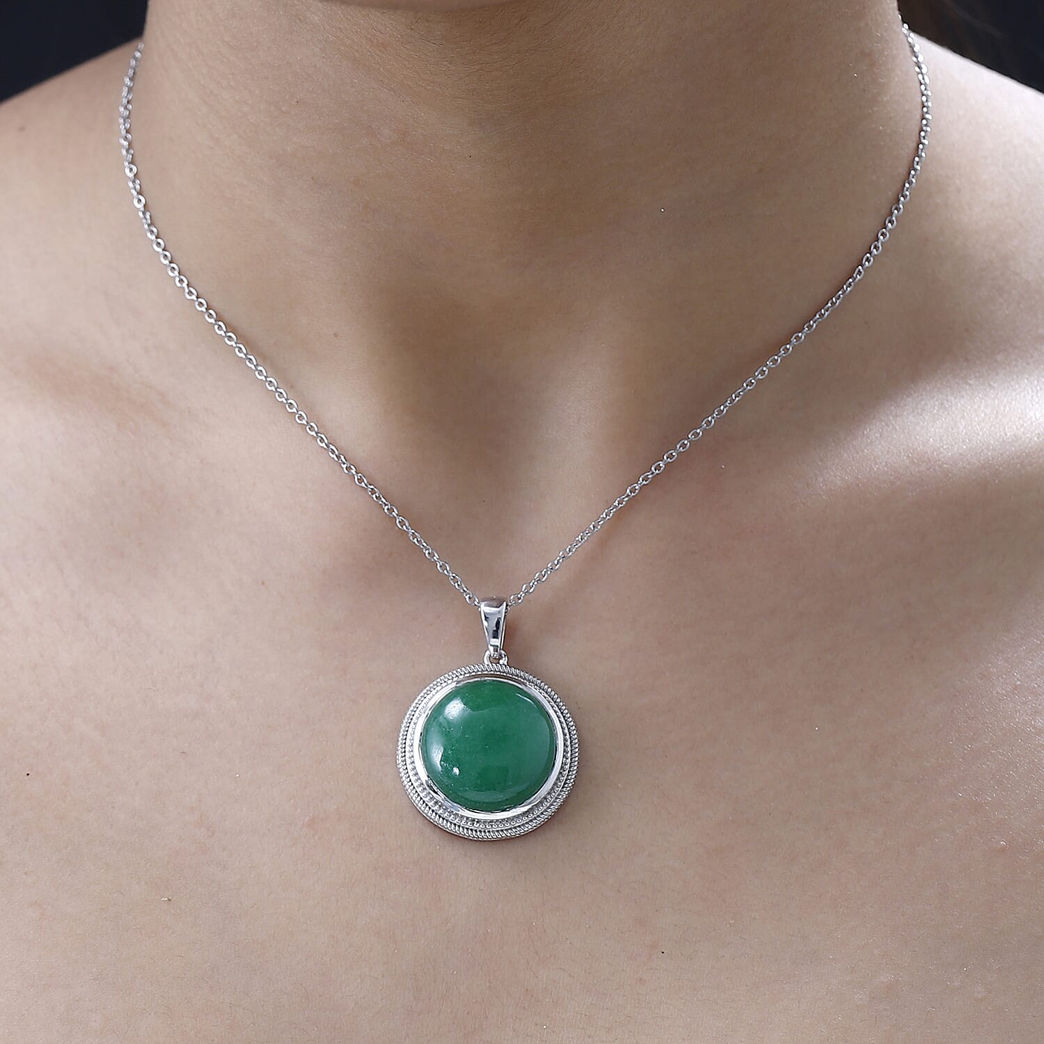 Green Jade (D) Pendant in Platinum Over Copper with Stainless Steel Necklace 20 Inches 23.10 ctw