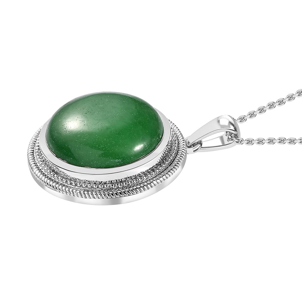 Green Jade (D) Pendant in Platinum Over Copper with Stainless Steel Necklace 20 Inches 23.10 ctw