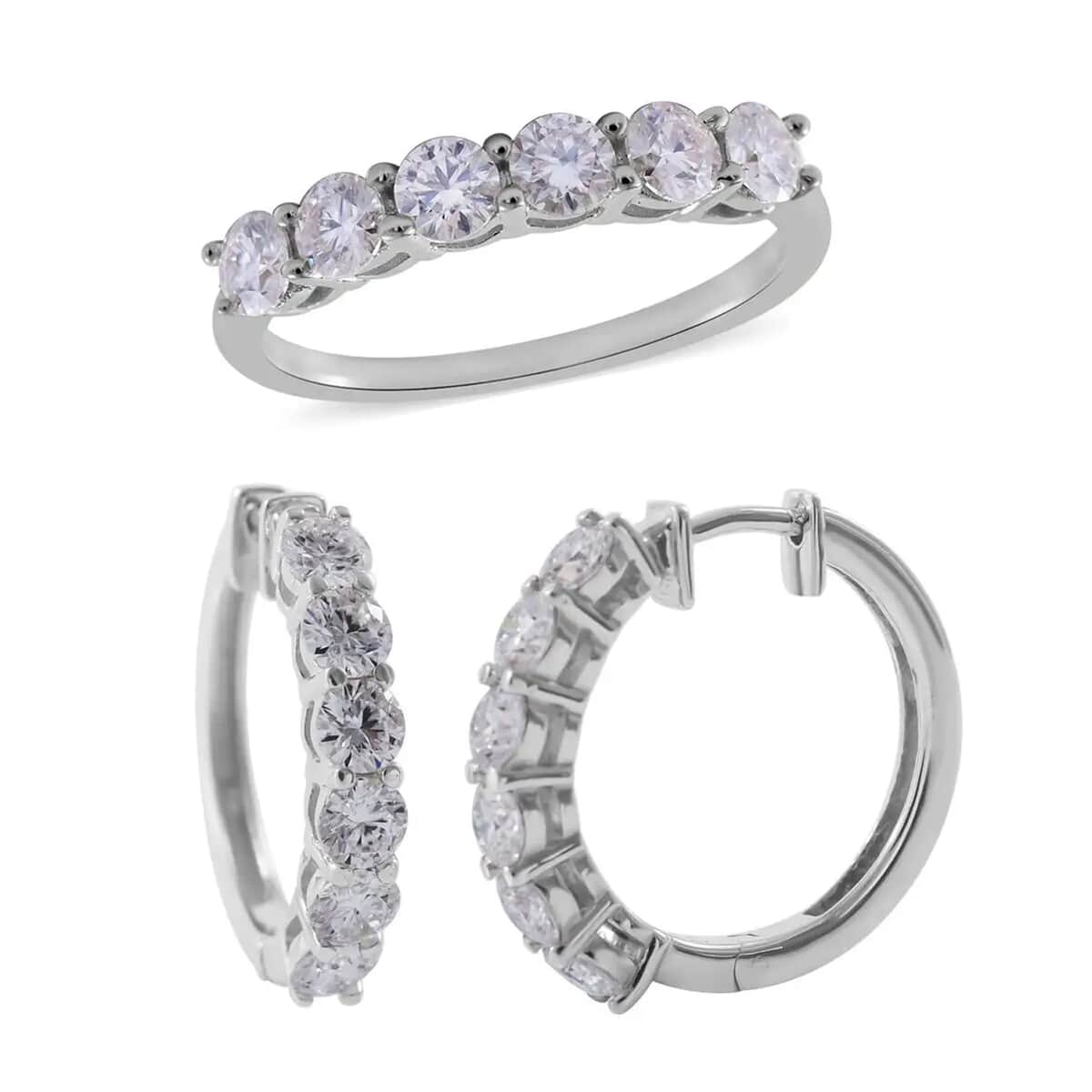 Moissanite Half Eternity Band Ring (Size 5.00) and Hoop Earrings in Platinum Over Sterling Silver 2.85 ctw image number 0
