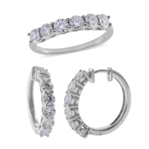 Moissanite Half Eternity Band Ring (Size 5.00) and Hoop Earrings in Platinum Over Sterling Silver 2.85 ctw