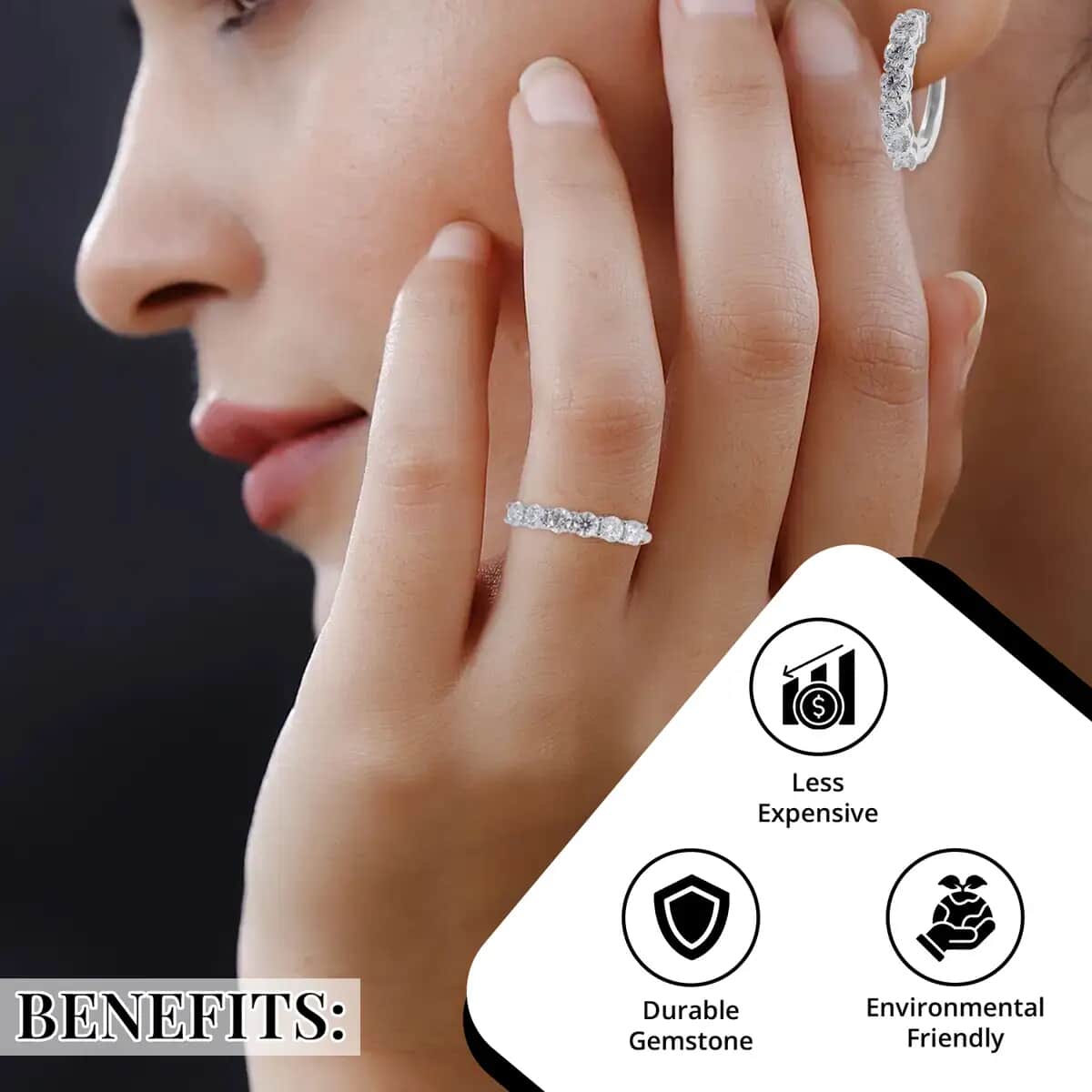 Moissanite Half Eternity Band Ring (Size 6.00) and Hoop Earrings in Platinum Over Sterling Silver 2.85 ctw image number 3