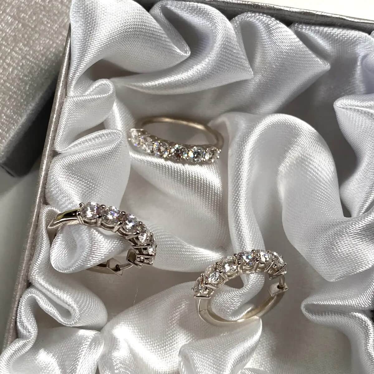 Moissanite Half Eternity Band Ring (Size 6.00) and Hoop Earrings in Platinum Over Sterling Silver 2.85 ctw image number 7