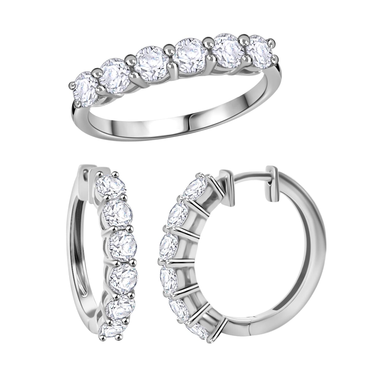 Moissanite Half Eternity Band Ring (Size 7.00) and Hoop Earrings in Platinum Over Sterling Silver 2.85 ctw image number 0