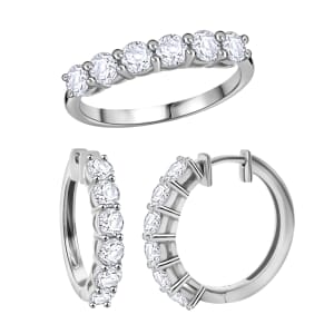 Moissanite Half Eternity Band Ring (Size 7.00) and Hoop Earrings in Platinum Over Sterling Silver 2.85 ctw