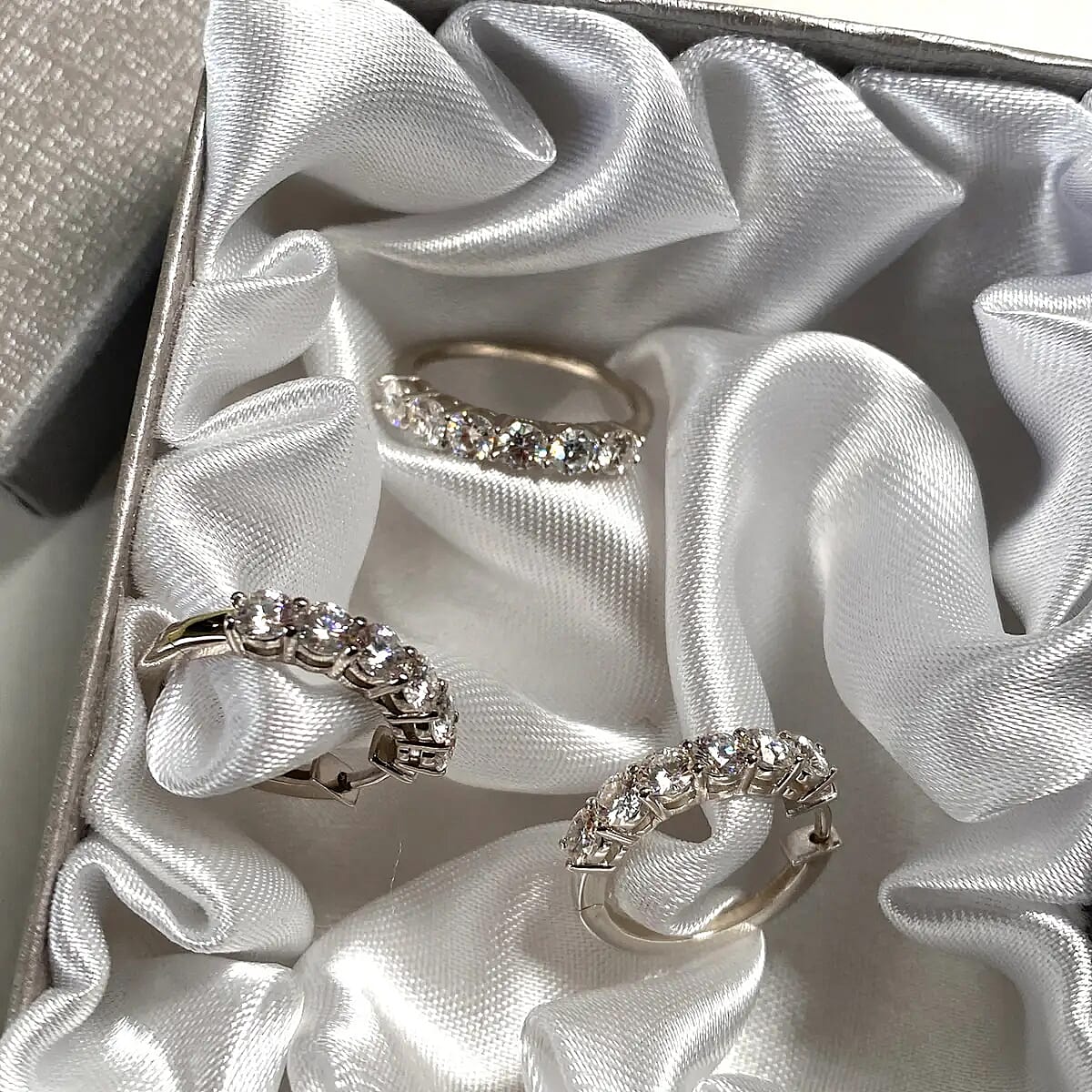 Moissanite Half Eternity Band Ring (Size 7.00) and Hoop Earrings in Platinum Over Sterling Silver 2.85 ctw