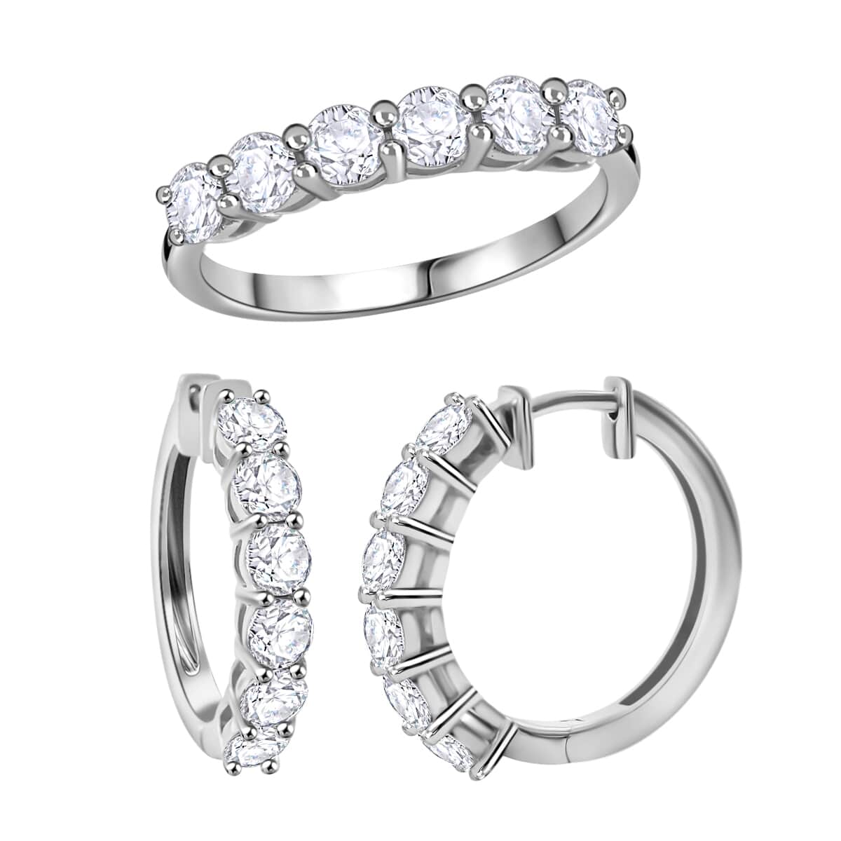 Moissanite Half Eternity Band Ring (Size 8.00) and Hoop Earrings in Platinum Over Sterling Silver 2.85 ctw image number 0