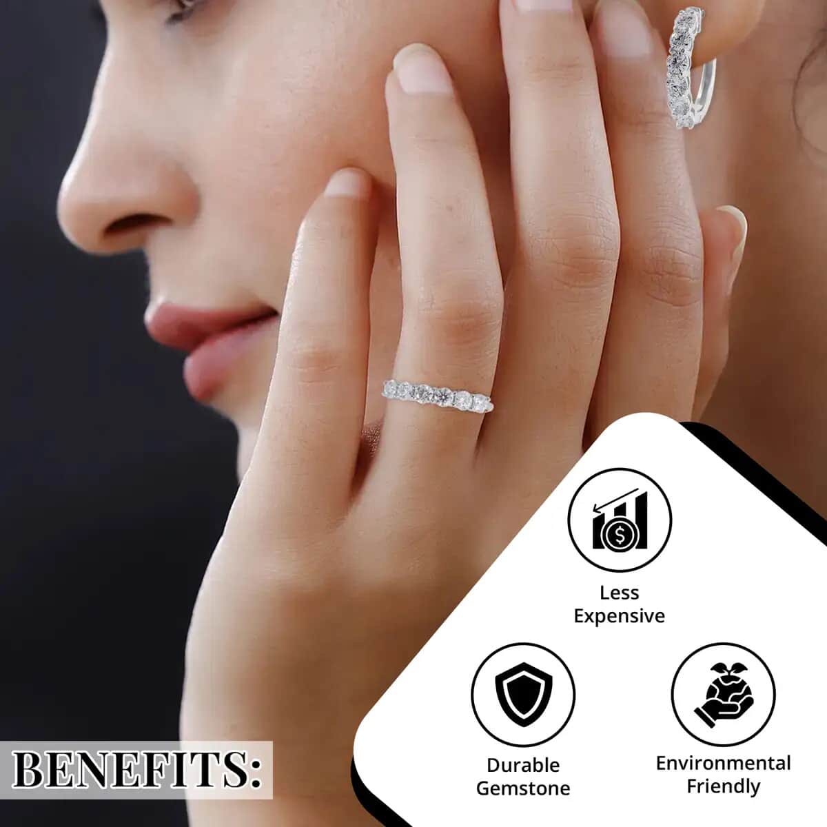 Moissanite Half Eternity Band Ring (Size 8.00) and Hoop Earrings in Platinum Over Sterling Silver 2.85 ctw image number 3