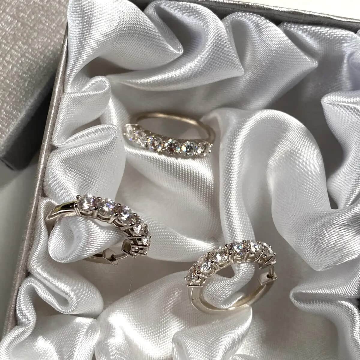 Moissanite Half Eternity Band Ring (Size 8.00) and Hoop Earrings in Platinum Over Sterling Silver 2.85 ctw image number 7