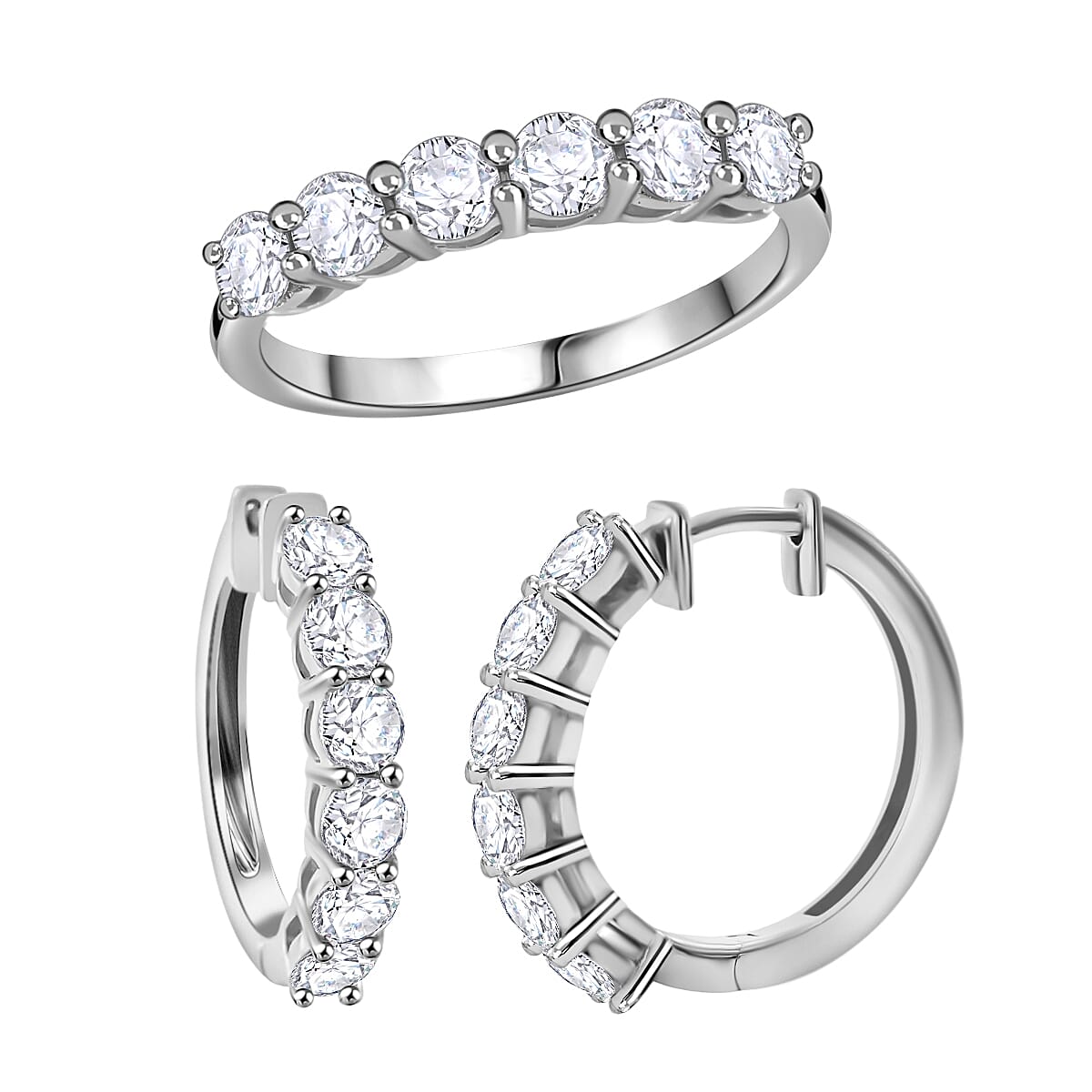 Moissanite Half Eternity Band Ring (Size 9.00) and Hoop Earrings in Platinum Over Sterling Silver 2.85 ctw image number 0