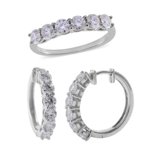 Moissanite 2.85 ctw Half Eternity Band Ring (Size 10.00) and Hoop Earrings in Platinum Over Sterling Silver