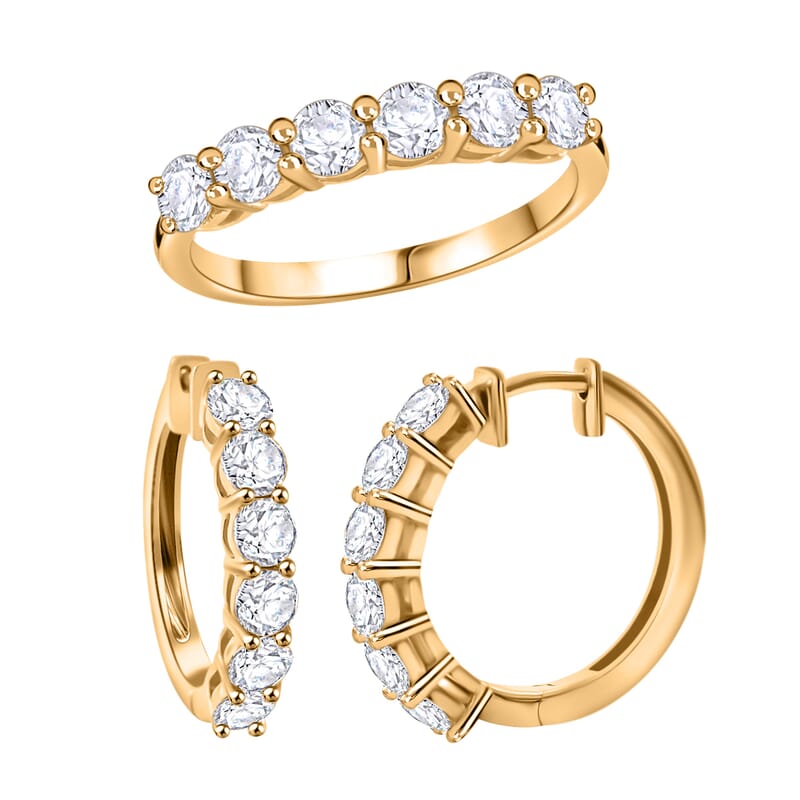 Moissanite 2.85 ctw Half Eternity Band Ring (Size 5.00) and Hoop Earrings in Vermeil Yellow Gold Over Sterling Silver