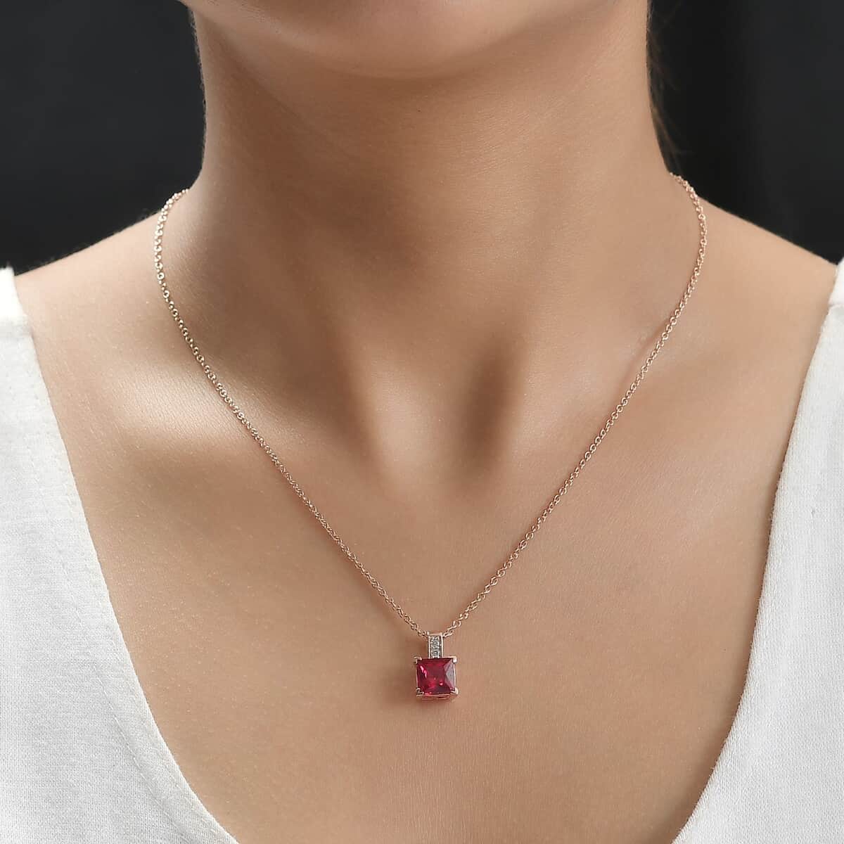 Red and White Simulated Diamond Pendant in 14K RG Over Sterling Silver with ION Plated RG Stainless Steel Necklace 20 Inches 3.00 ctw image number 2