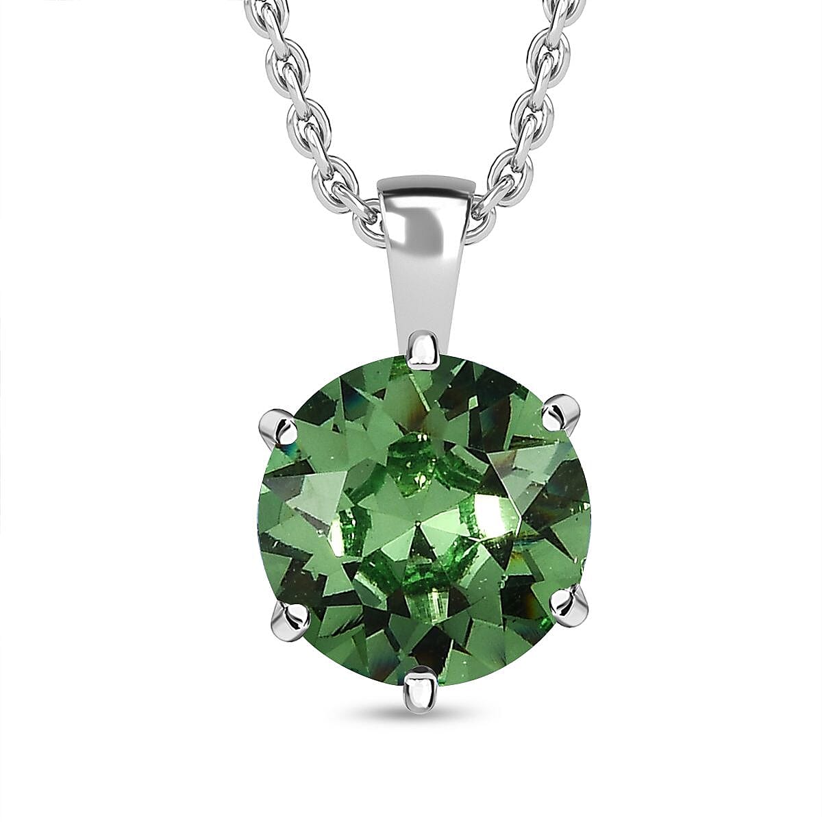 Designer Premium Peridot Color Austrian Crystal Solitaire Pendant in Sterling Silver with Stainless Steel Necklace 20 Inches image number 0