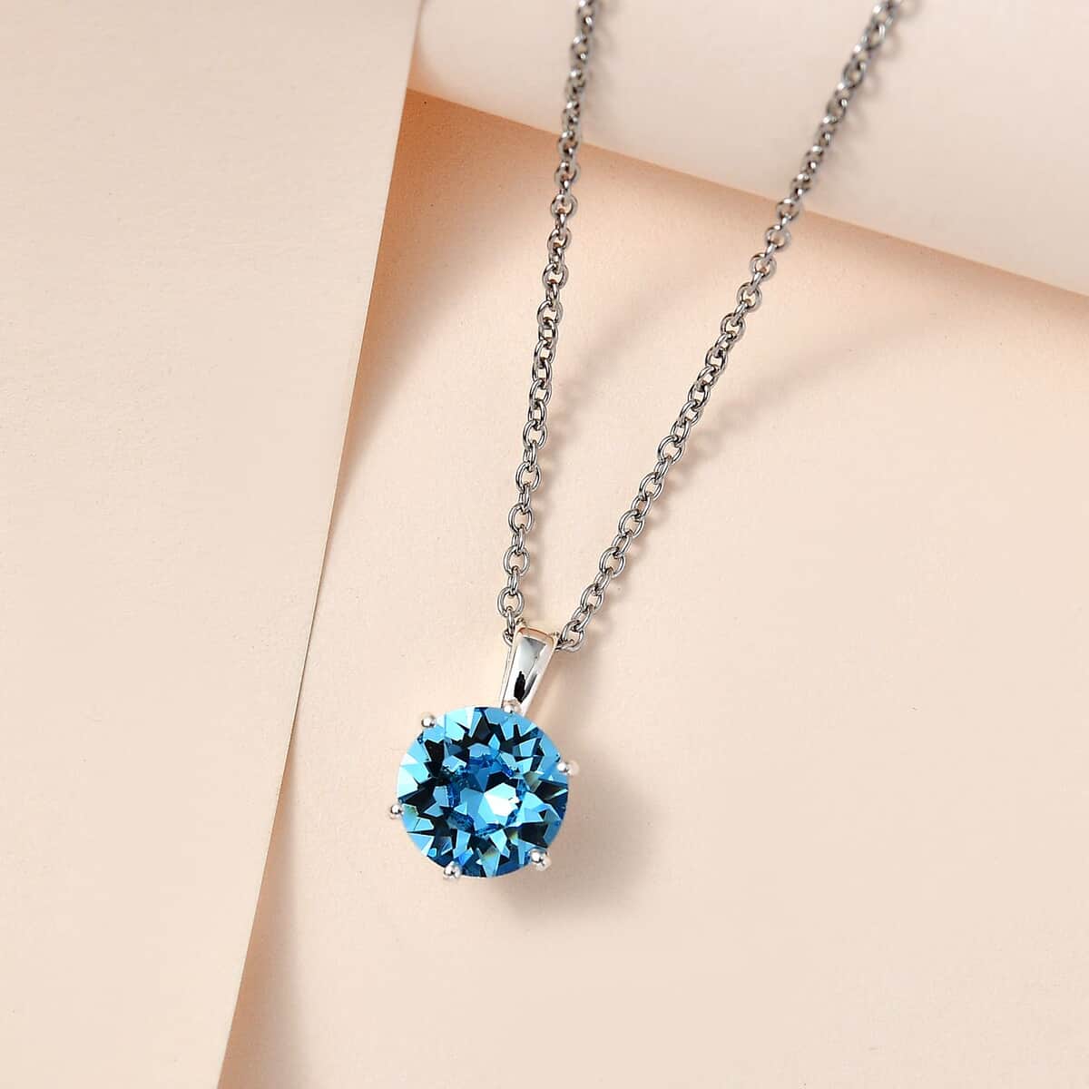 Designer Premium Aquamarine Color Austrian Crystal Solitaire Pendant in Sterling Silver with Stainless Steel Necklace 20 Inches image number 1