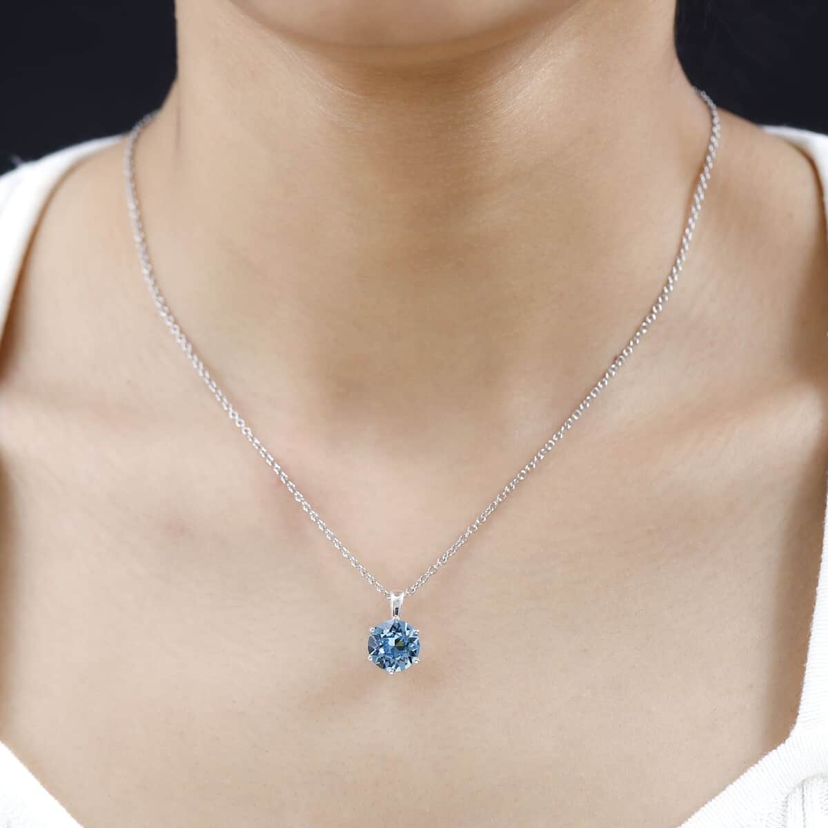 Designer Premium Aquamarine Color Austrian Crystal Solitaire Pendant in Sterling Silver with Stainless Steel Necklace 20 Inches image number 2