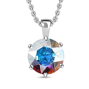 Designer Premium Aurora Borealis Austrian Crystal Solitaire Pendant in Sterling Silver with Stainless Steel Necklace 20 Inches