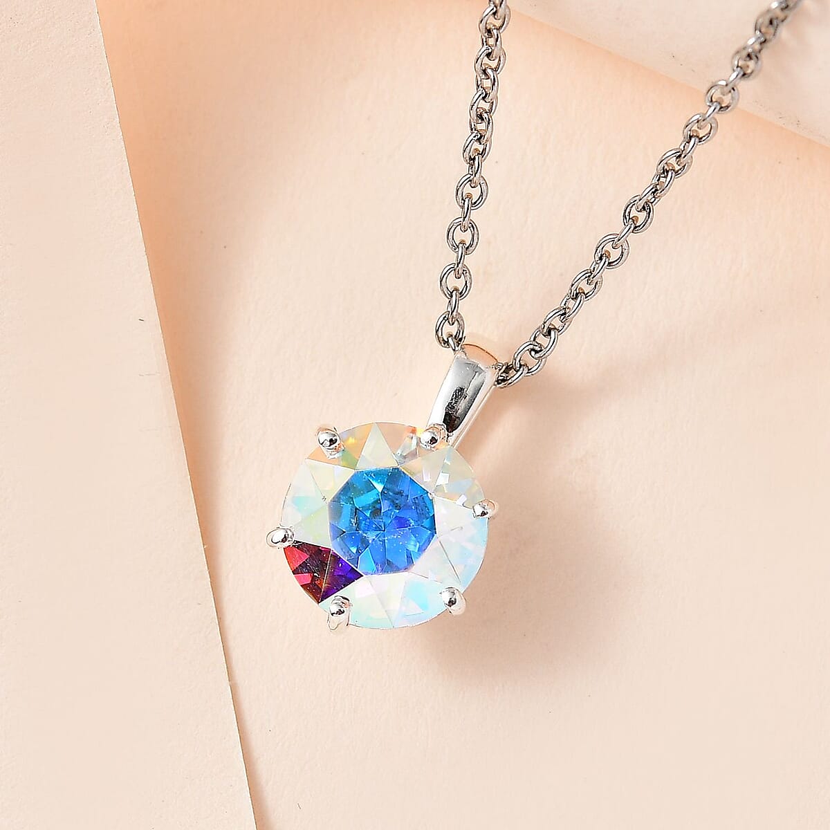 Designer Premium Aurora Borealis Austrian Crystal Solitaire Pendant in Sterling Silver with Stainless Steel Necklace 20 Inches image number 1