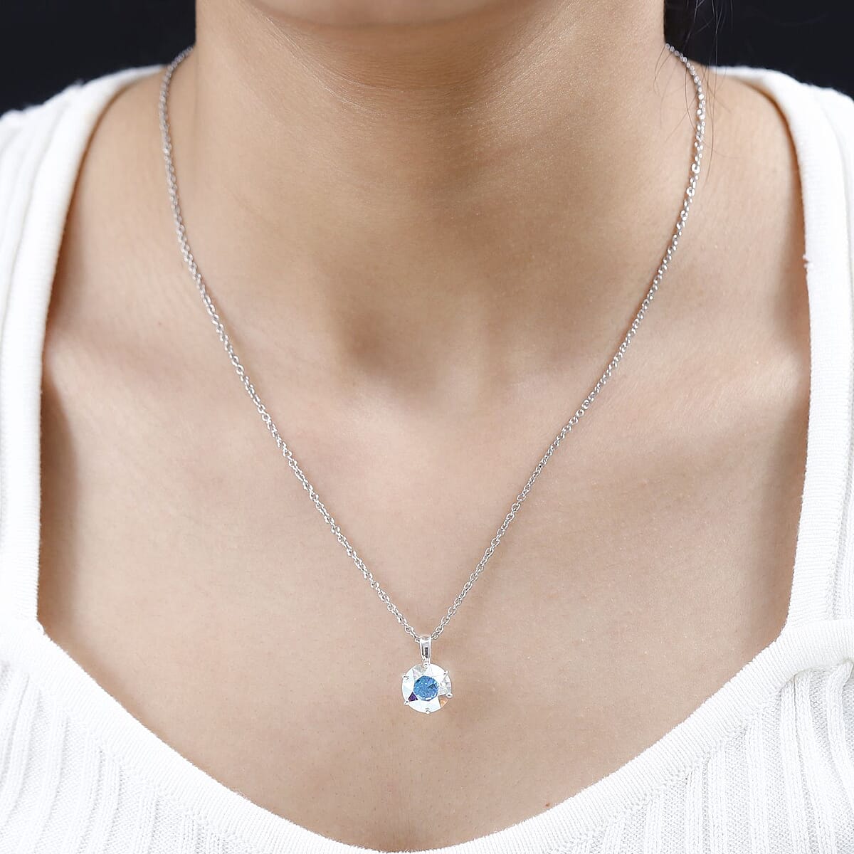 Designer Premium Aurora Borealis Austrian Crystal Solitaire Pendant in Sterling Silver with Stainless Steel Necklace 20 Inches image number 2