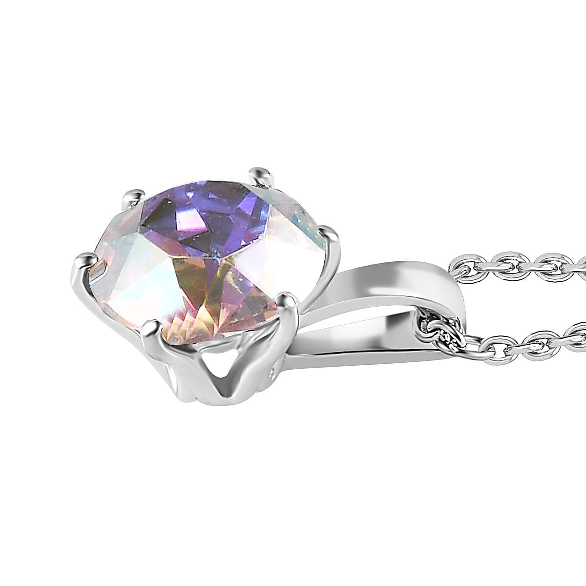 Designer Premium Aurora Borealis Austrian Crystal Solitaire Pendant in Sterling Silver with Stainless Steel Necklace 20 Inches image number 3