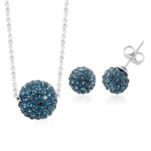 Blue Austrian Crystal Earrings and Necklace 18 Inches in Silvertone