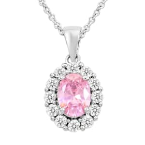 Simulated Pink and White Diamond Pendant Necklace 18 Inches in Silvertone