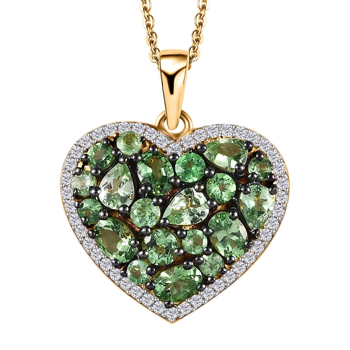 Tsavorite Garnet and Moissanite Heart Pendant Necklace 20 Inches in Vermeil Yellow Gold Over Sterling Silver 2.60 ctw image number 0