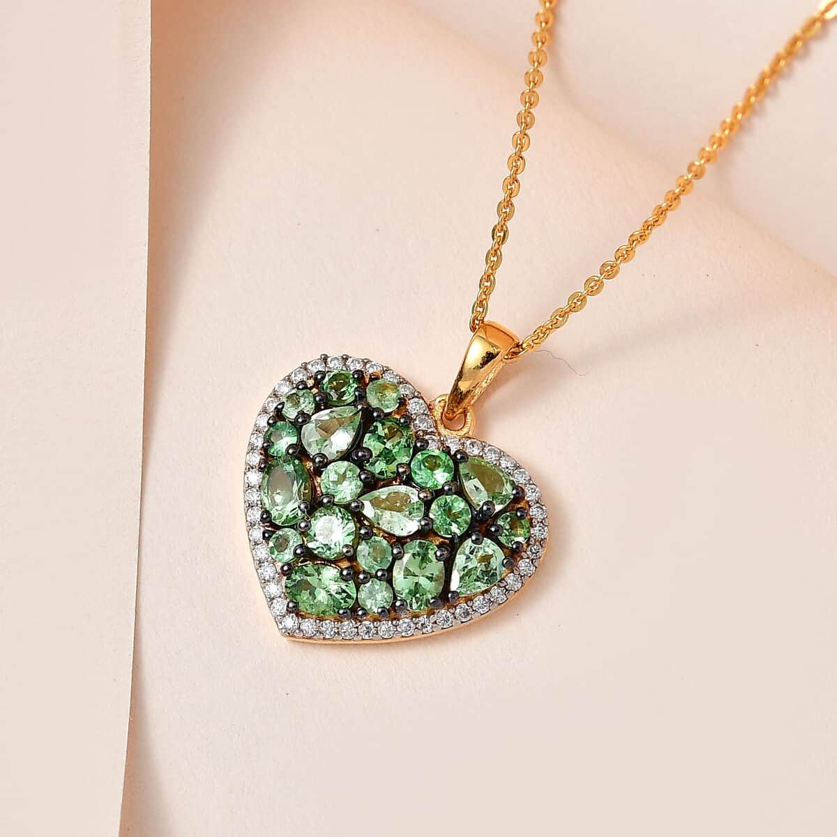 Tsavorite Garnet and Moissanite Heart Pendant Necklace 20 Inches in Vermeil Yellow Gold Over Sterling Silver 2.60 ctw image number 1