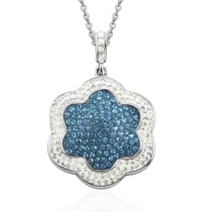 Blue and White Austrian Crystal Pendant Necklace 18 Inches in Silvertone