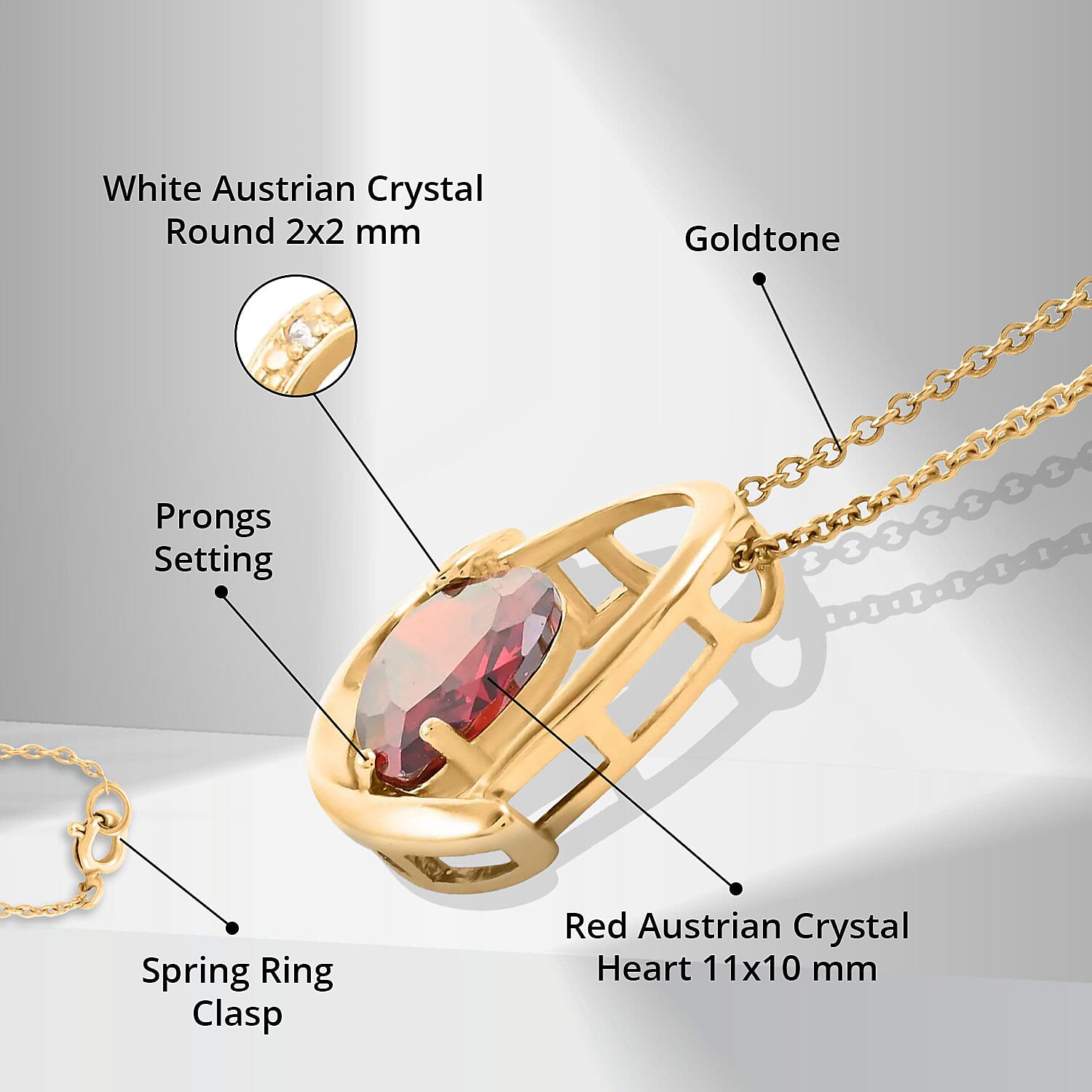 Red and White Austrian Crystal Heart Pendant Necklace 18 Inches in Goldtone