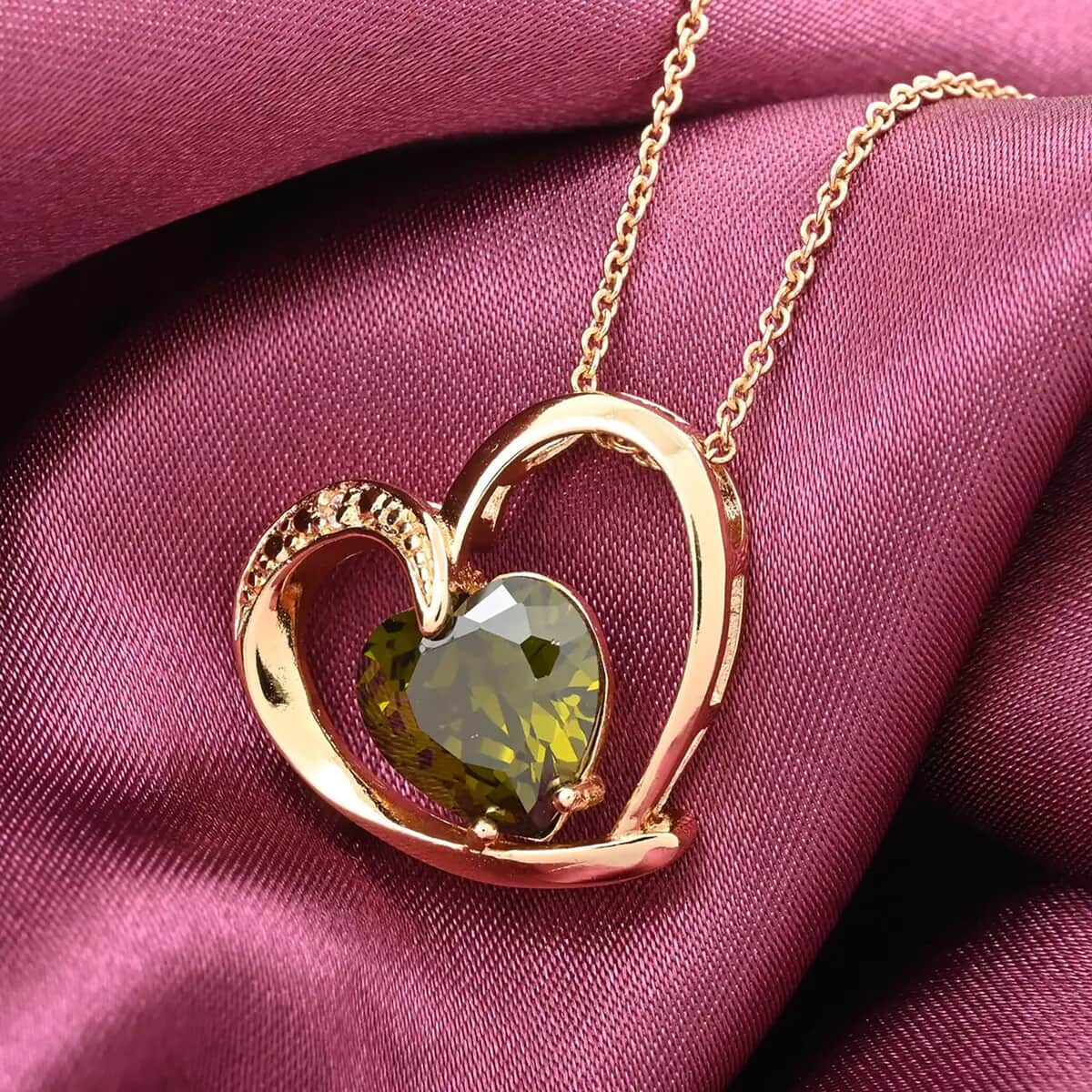 Peridot Color and White Austrian Crystal Heart Pendant Necklace 18 Inches in Goldtone image number 1