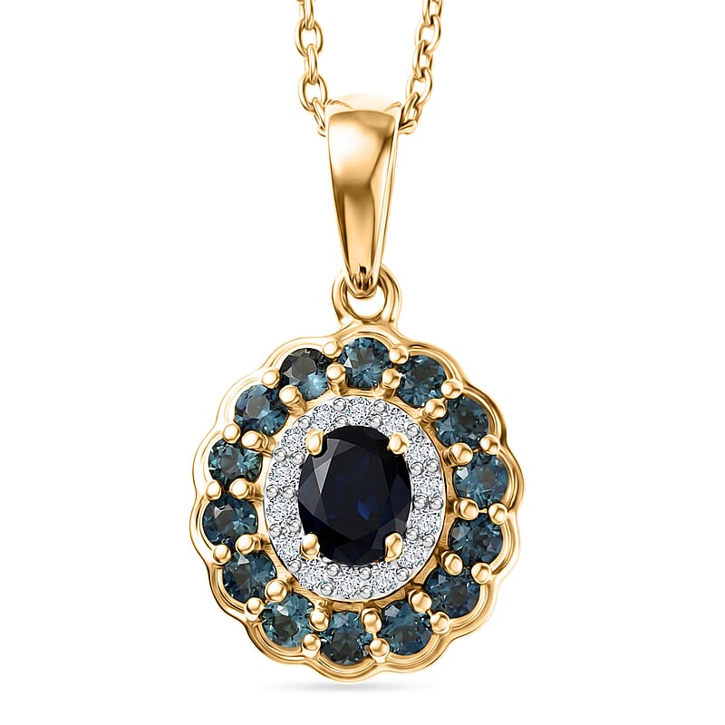 Premium Monte Belo Indicolite and White Zircon 1.00 ctw Pendant Necklace in 18K Vermeil Yellow Gold Over Sterling Silver 20 Inches
