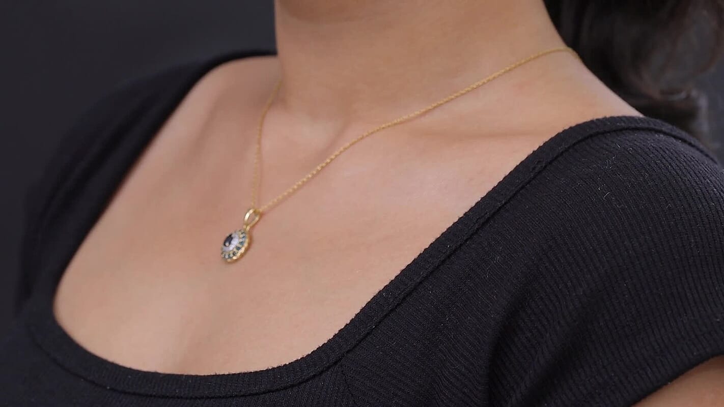 Premium Monte Belo Indicolite, White Zircon Pendant Necklace (20 Inches) in 18K Vermeil YG Over Sterling Silver 1.00 ctw