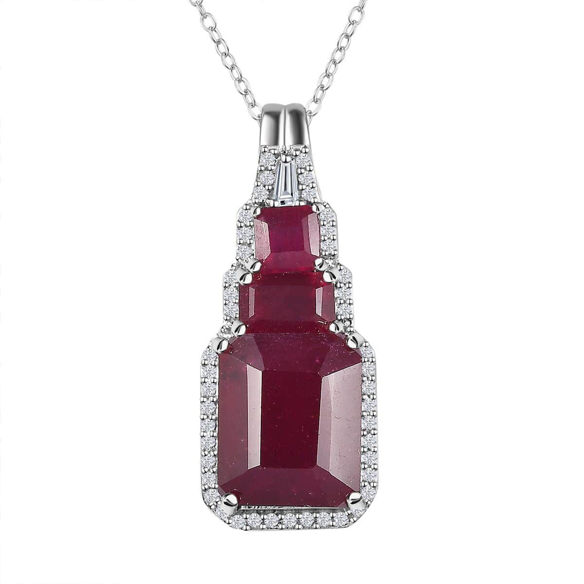 Niassa Ruby (FF) and White Zircon Pendant Necklace 20 Inches in Platinum Over Sterling Silver 8.90 ctw image number 0