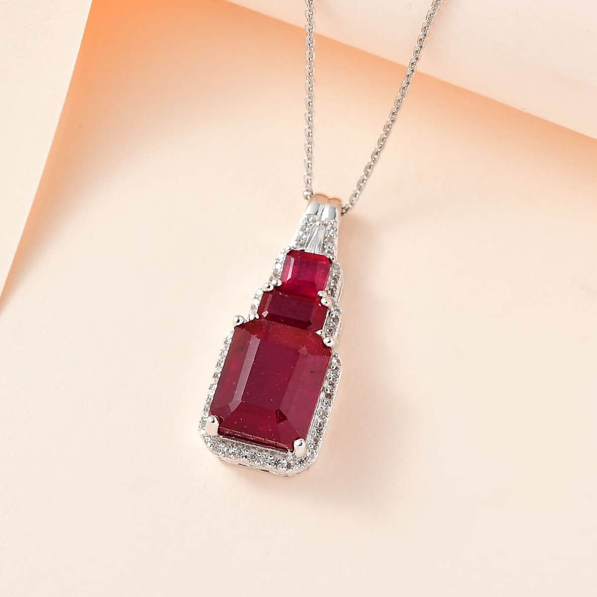 Niassa Ruby (FF) and White Zircon Pendant Necklace 20 Inches in Platinum Over Sterling Silver 8.90 ctw image number 1