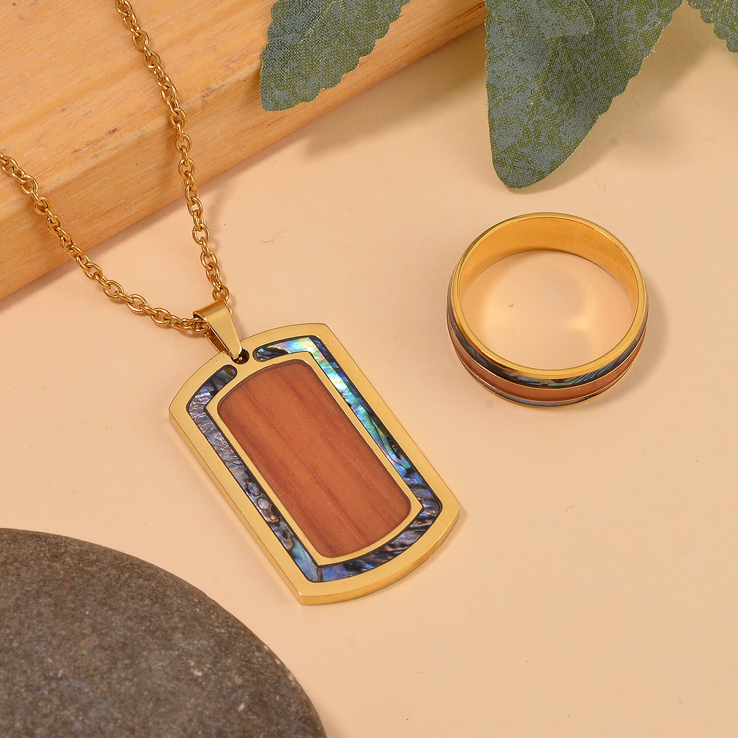 Abalone Shell, Enameled Men's Ring (Size 9.00) and Pendant Necklace 20 Inches in ION Plated YG Stainless Steel